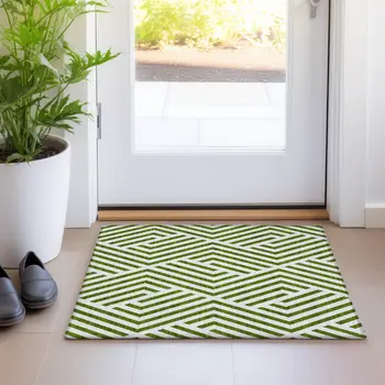 2' X 3' Lime Green and White Geometric Washable Non Skid Indoor Outdoor Area Rug