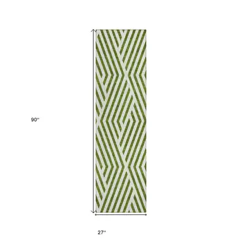8' Runner Lime Green and White Geometric Washable Non Skid Indoor Outdoor Runner Rug