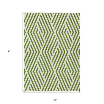 5' X 8' Lime Green and White Geometric Washable Non Skid Indoor Outdoor Area Rug