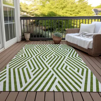 5' X 8' Lime Green and White Geometric Washable Non Skid Indoor Outdoor Area Rug