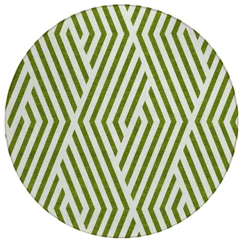 8' Round Lime Green and White Round Geometric Washable Non Skid Indoor Outdoor Area Rug