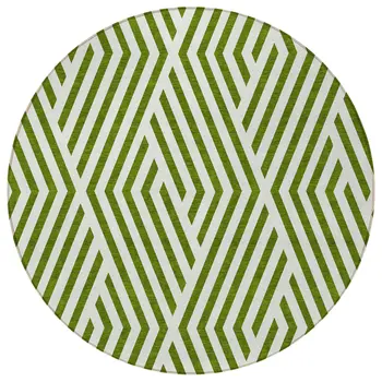 8' Round Lime Green and White Round Geometric Washable Non Skid Indoor Outdoor Area Rug