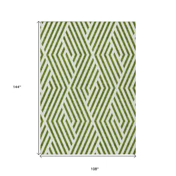 9' X 12' Lime Green and White Geometric Washable Non Skid Indoor Outdoor Area Rug
