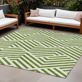 9' X 12' Lime Green and White Geometric Washable Non Skid Indoor Outdoor Area Rug