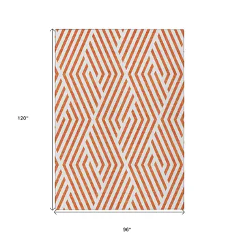 8' X 10' Orange and White Geometric Washable Non Skid Indoor Outdoor Area Rug