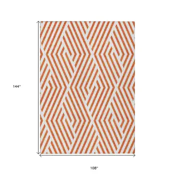 9' X 12' Orange and White Geometric Washable Non Skid Indoor Outdoor Area Rug
