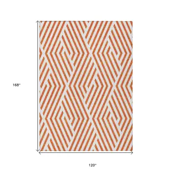 10' X 14' Orange And White Geometric Washable Indoor Outdoor Area Rug