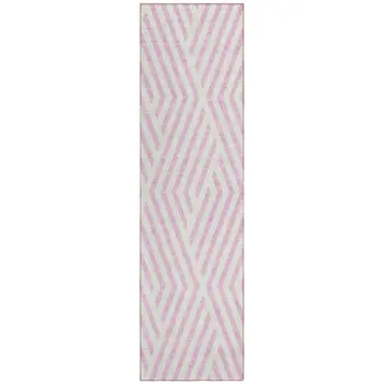8' Runner Pink and White Geometric Washable Non Skid Indoor Outdoor Runner Rug