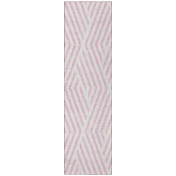 8' Runner Pink and White Geometric Washable Non Skid Indoor Outdoor Runner Rug