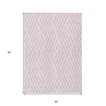 3' X 5' Pink and White Geometric Washable Non Skid Indoor Outdoor Area Rug