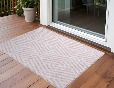 3' X 5' Pink and White Geometric Washable Non Skid Indoor Outdoor Area Rug