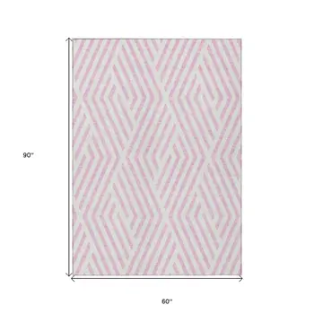 5' X 8' Pink and White Geometric Washable Non Skid Indoor Outdoor Area Rug