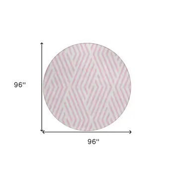 8' Round Pink and White Round Geometric Washable Non Skid Indoor Outdoor Area Rug