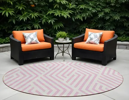 8' Round Pink and White Round Geometric Washable Non Skid Indoor Outdoor Area Rug
