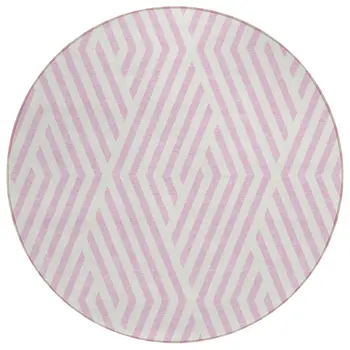 8' Round Pink and White Round Geometric Washable Non Skid Indoor Outdoor Area Rug