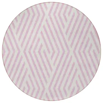 8' Round Pink and White Round Geometric Washable Non Skid Indoor Outdoor Area Rug