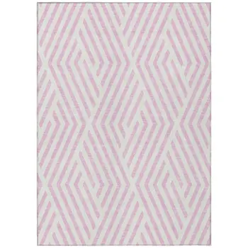 9' X 12' Pink And White Geometric Washable Indoor Outdoor Area Rug