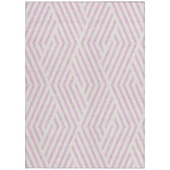 9' X 12' Pink And White Geometric Washable Indoor Outdoor Area Rug