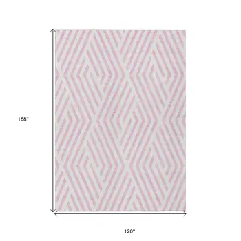10' X 14' Pink and White Geometric Washable Non Skid Indoor Outdoor Area Rug