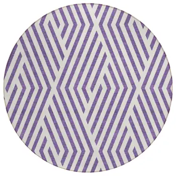 8' Purple And White Round Geometric Washable Indoor Outdoor Area Rug