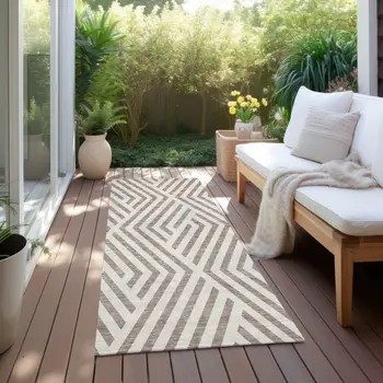 8' Runner Taupe and Ivory Geometric Washable Non Skid Indoor Outdoor Runner Rug