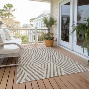 3' X 5' Taupe and Ivory Geometric Washable Non Skid Indoor Outdoor Area Rug