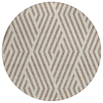 8' Round Taupe and Ivory Round Geometric Washable Non Skid Indoor Outdoor Area Rug