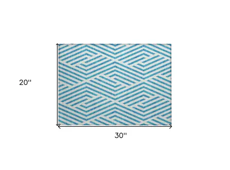 2' X 3' Teal and White Geometric Washable Non Skid Indoor Outdoor Area Rug