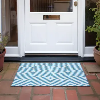 2' X 3' Teal and White Geometric Washable Non Skid Indoor Outdoor Area Rug