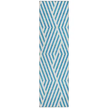 8' Runner Teal and White Geometric Washable Non Skid Indoor Outdoor Runner Rug