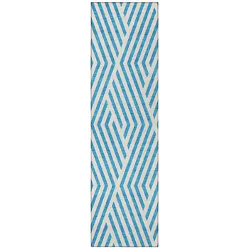 8' Runner Teal and White Geometric Washable Non Skid Indoor Outdoor Runner Rug
