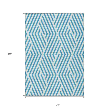 3' X 5' Teal and White Geometric Washable Non Skid Indoor Outdoor Area Rug