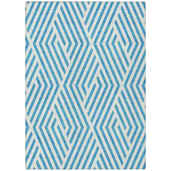 5' X 8' Teal and White Geometric Washable Non Skid Indoor Outdoor Area Rug