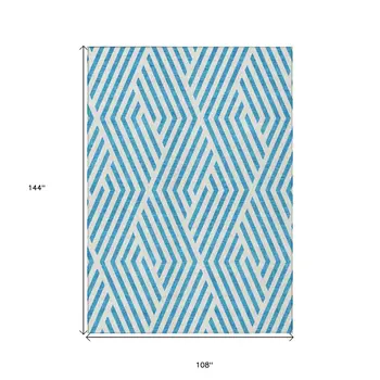 9' X 12' Teal and White Geometric Washable Non Skid Indoor Outdoor Area Rug