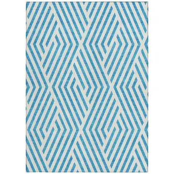 10' X 14' Teal and White Geometric Washable Non Skid Indoor Outdoor Area Rug