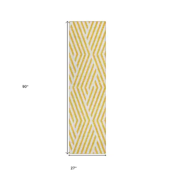 8' Gold And White Geometric Washable Indoor Outdoor Runner Rug