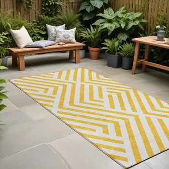 8' Gold And White Geometric Washable Indoor Outdoor Runner Rug
