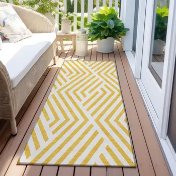 8' Gold And White Geometric Washable Indoor Outdoor Runner Rug