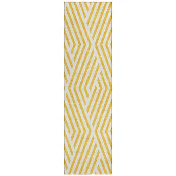 8' Gold And White Geometric Washable Indoor Outdoor Runner Rug
