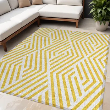 5' X 8' Gold and White Geometric Washable Non Skid Indoor Outdoor Area Rug