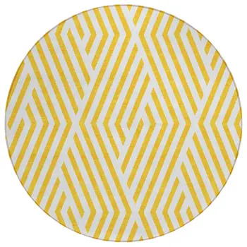 8' Round Gold and White Round Geometric Washable Non Skid Indoor Outdoor Area Rug