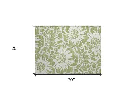 2' X 3' Green and Ivory Floral Washable Non Skid Indoor Outdoor Area Rug