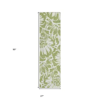 8' Runner Green and Ivory Floral Washable Non Skid Indoor Outdoor Runner Rug