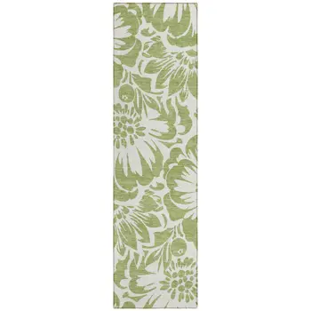 8' Runner Green and Ivory Floral Washable Non Skid Indoor Outdoor Runner Rug