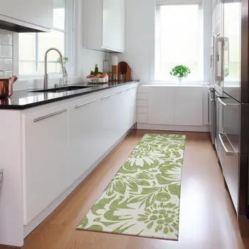 8' Runner Green and Ivory Floral Washable Non Skid Indoor Outdoor Runner Rug
