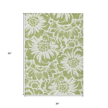 3' X 5' Green and Ivory Floral Washable Non Skid Indoor Outdoor Area Rug