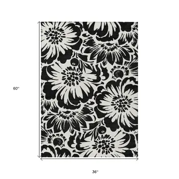 3' X 5' Black and Ivory Floral Washable Non Skid Indoor Outdoor Area Rug