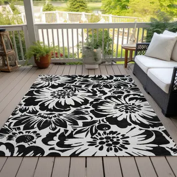9' X 12' Black and Ivory Floral Washable Non Skid Indoor Outdoor Area Rug