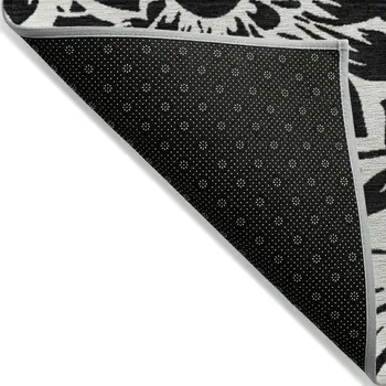 9' X 12' Black and Ivory Floral Washable Non Skid Indoor Outdoor Area Rug