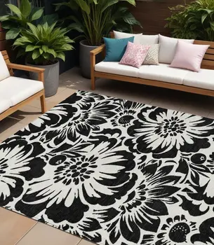 10' X 14' Black and Ivory Floral Washable Non Skid Indoor Outdoor Area Rug